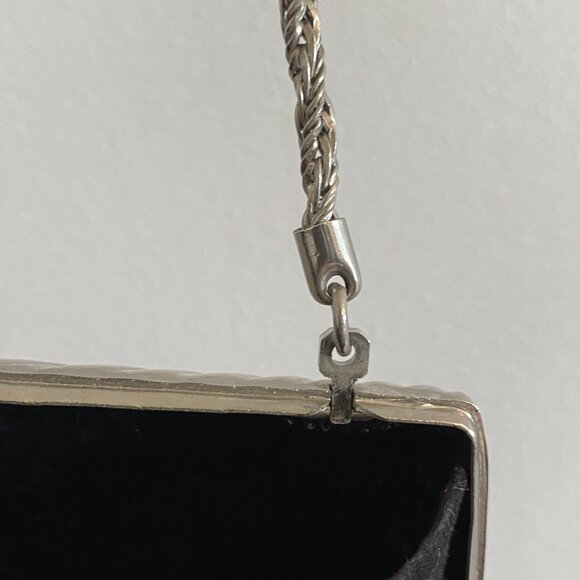 Vintage Silver Tone Grooved Metal Hardshell Evening Bag with Rhinestone Detail - Picture 9 of 14